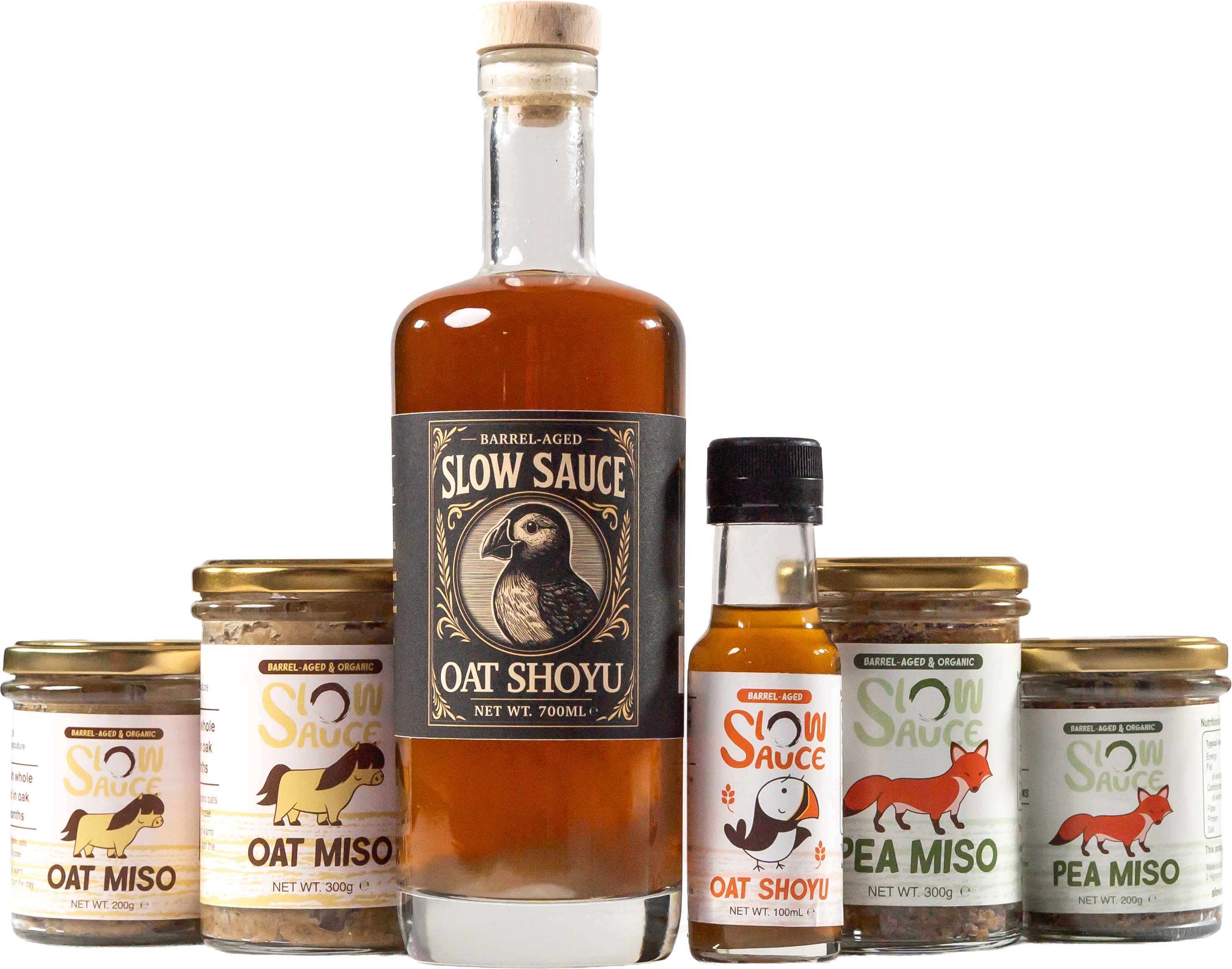 Slow Sauce oat miso, pea miso and barrel-aged oat shoyu, lined up together